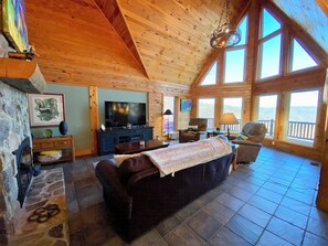 Smart TV, fireplace, books