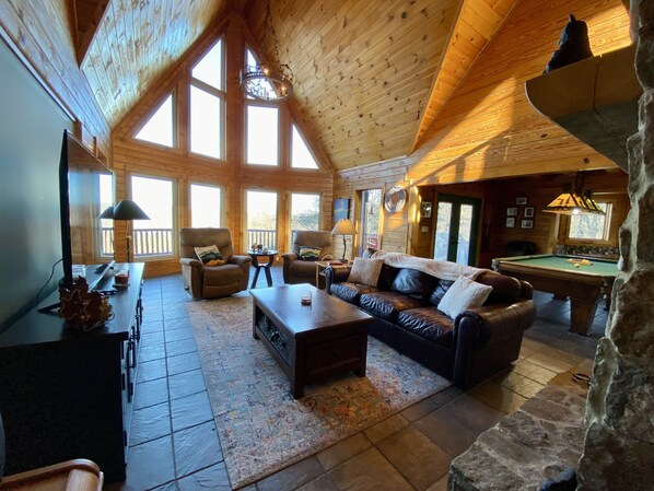 Smart TV, fireplace, books