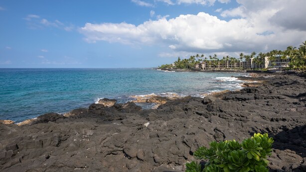 A rocky shoreline with a view of the ocean and a resort with multiple buildings and palm trees. - LAST MINUTE DISCOUNT SPECIAL! Central A/C Double Master Suite Home. (Kailua-Kona)