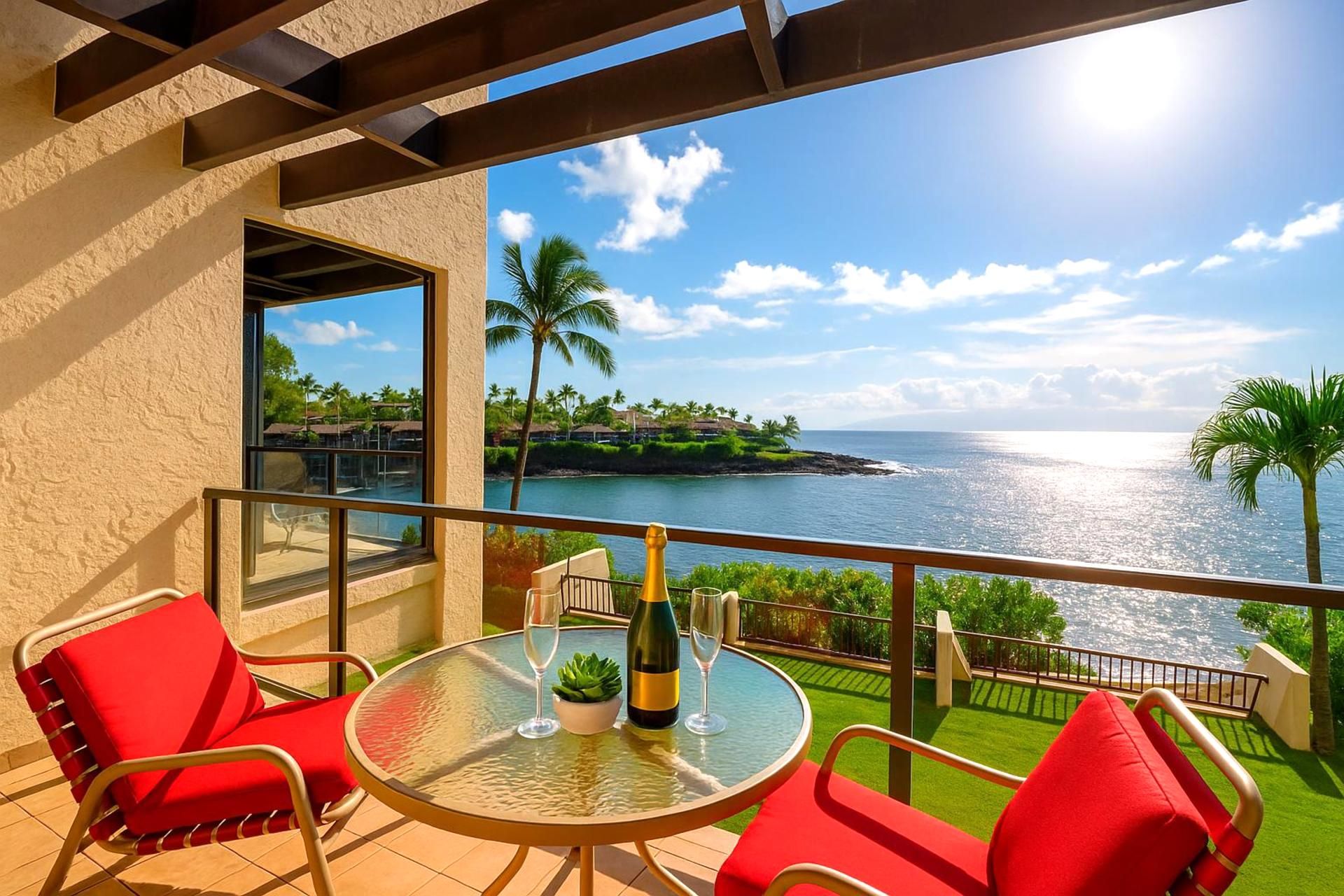 Ein Balkon mit einem Glastisch, roten Stühlen und Blick auf das Meer und eine tropische Landschaft.