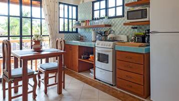 Een keuken met houten kastjes, een fornuis, een magnetron en een koelkast.
