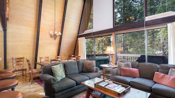 TV, lareira, DVD player, livros