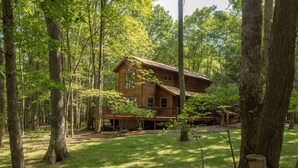 A wooden cabin surrounded by a forest. - Tranquil Dog Friendly Escape w/ Dock Slip (Oakland)