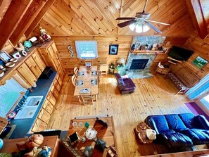 TV, fireplace - Higher Ground - Hot Tub, Pool Table, WIFI, Covered Porch, Game room, Log Cabin (West Jefferson)
