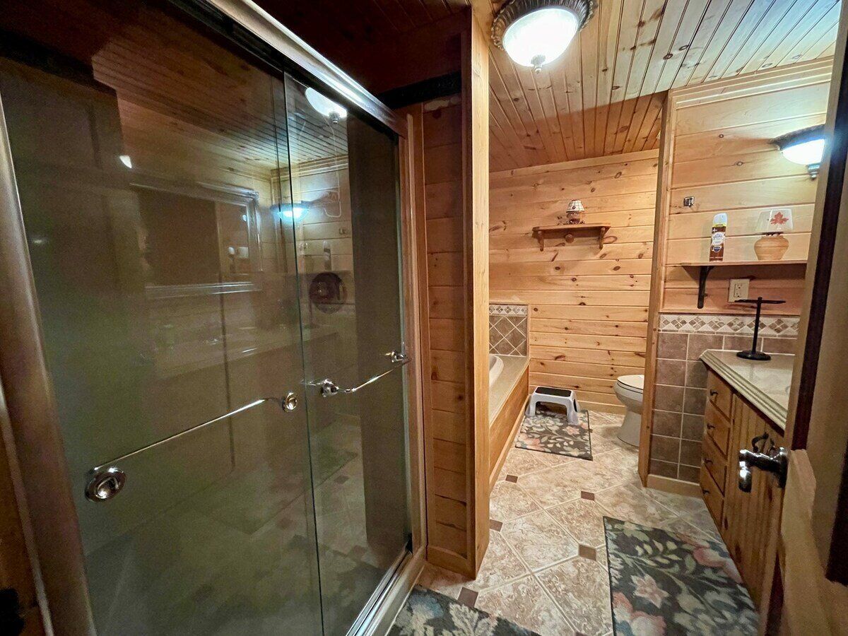 Bany d'una cabana de fusta amb un immoble de dutxa de vidre, un lavabo de fusta i un vàter.