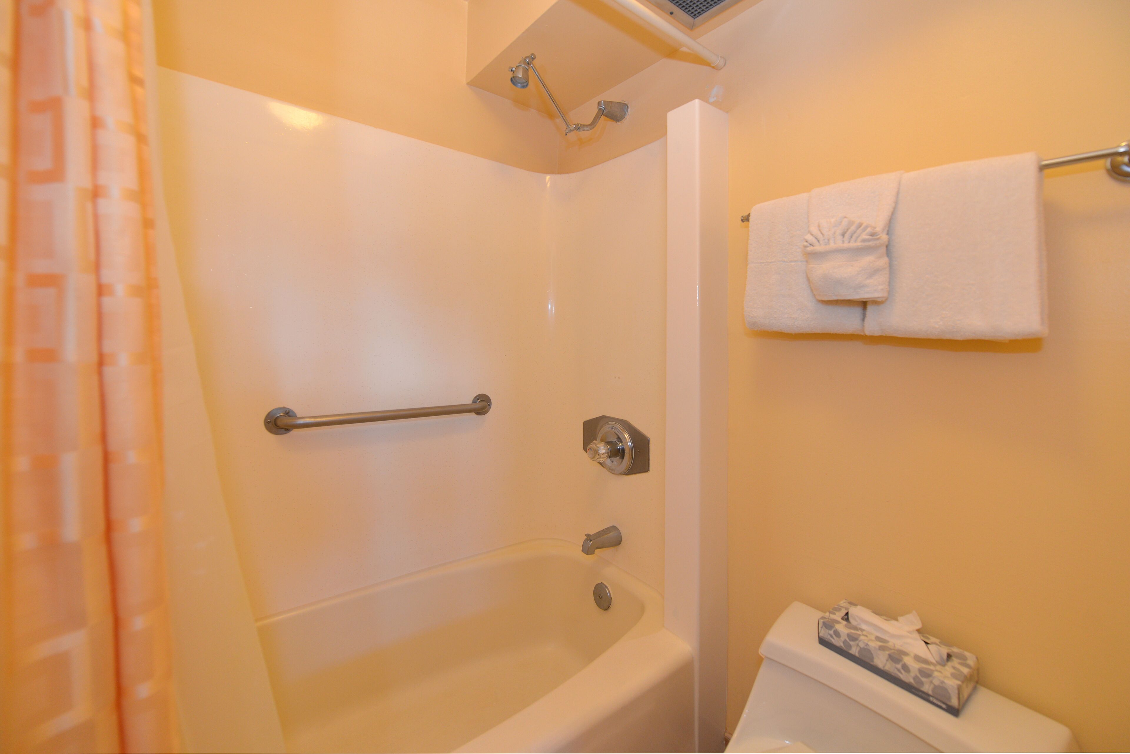 Een badkamer met een bad, een douche, een handdoekhouder en een toilet.