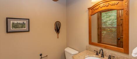 A bathroom with a white toilet, a sink with a wooden vanity, a framed picture on the wall, and a decorative mirror above the sink.