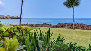 A coastal view with palm trees, a grassy area, and a rocky shoreline. - Watch Waves from Lanai w/Wet Bar! Full Kitchen, WiFi, TV, Washer/Dryer Kanaloa 2902 (KAILUA-KONA)