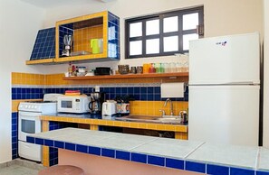 Fridge, microwave, coffee/tea maker, toaster