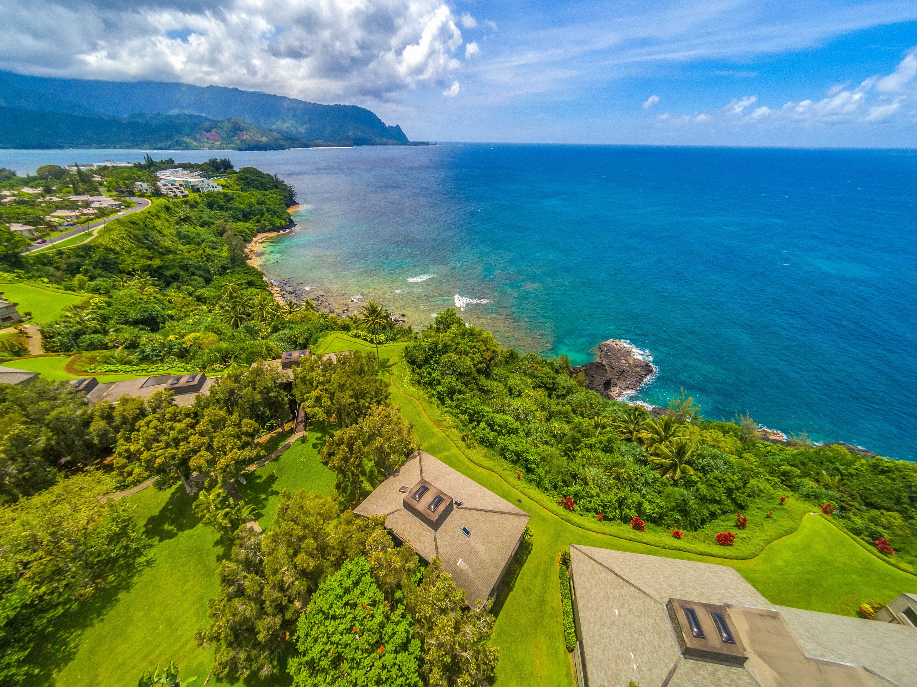 An aerial view of a coastal area with lush greenery, a clear blue sea, and a mountainous backdrop.