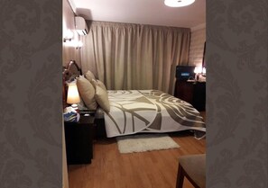 1 bedroom, premium bedding, blackout drapes, iron/ironing board