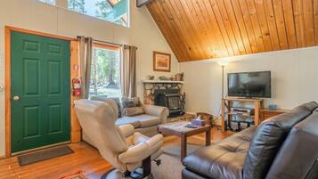 Télévision à écran plat, cheminée, lecteur de DVD