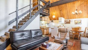 Télévision à écran plat, cheminée, lecteur de DVD