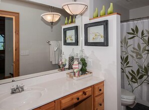 Combined shower/bathtub, hair dryer, towels