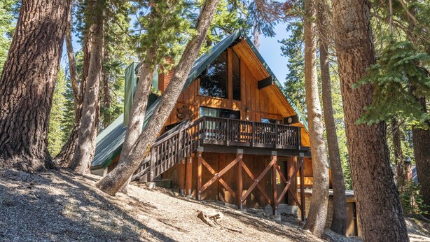 Une cabane en bois dotée d’un balcon, entourée de grands arbres.