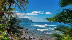 Una playa tropical con aguas azul turquesa, costa rocosa y palmeras.