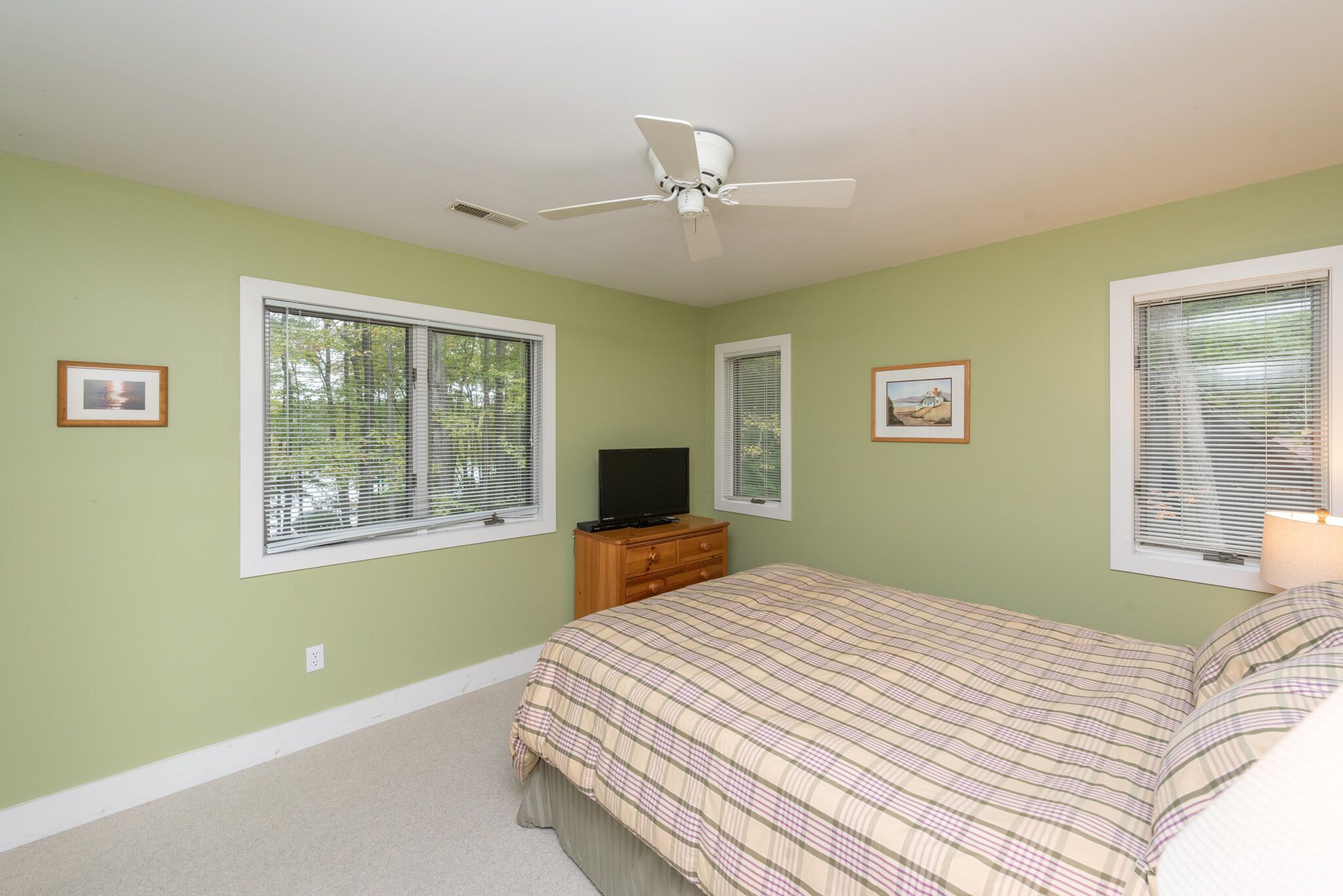A bedroom with a bed, a ceiling fan, a dresser, and two windows with blinds.