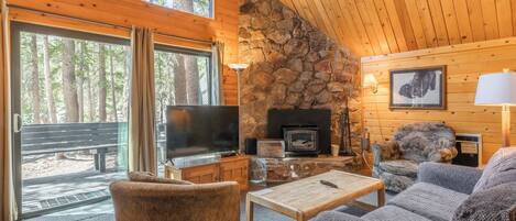 Televisión, chimenea, reproductor de DVD