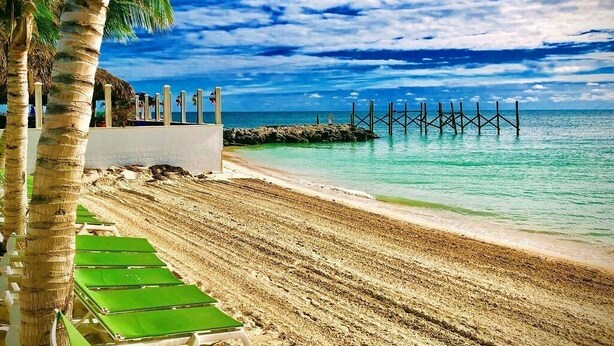 A beach with a wooden pier extending into the water, palm trees, and green lounge chairs along the shore.