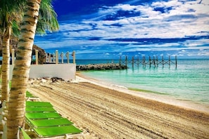 A beach with a wooden pier extending into the water, palm trees, and green lounge chairs along the shore.