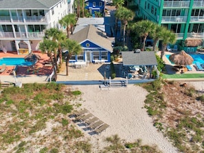A beachfront hotel with a pool, palm trees, and beach chairs. - Yachtsman Cottage – Beachfront Charm, Gulf Views, Heated Pool & Walkable Dining (Indian Rocks Beach)