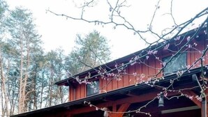 A wooden cabin with a porch, surrounded by red flowering bushes and trees.