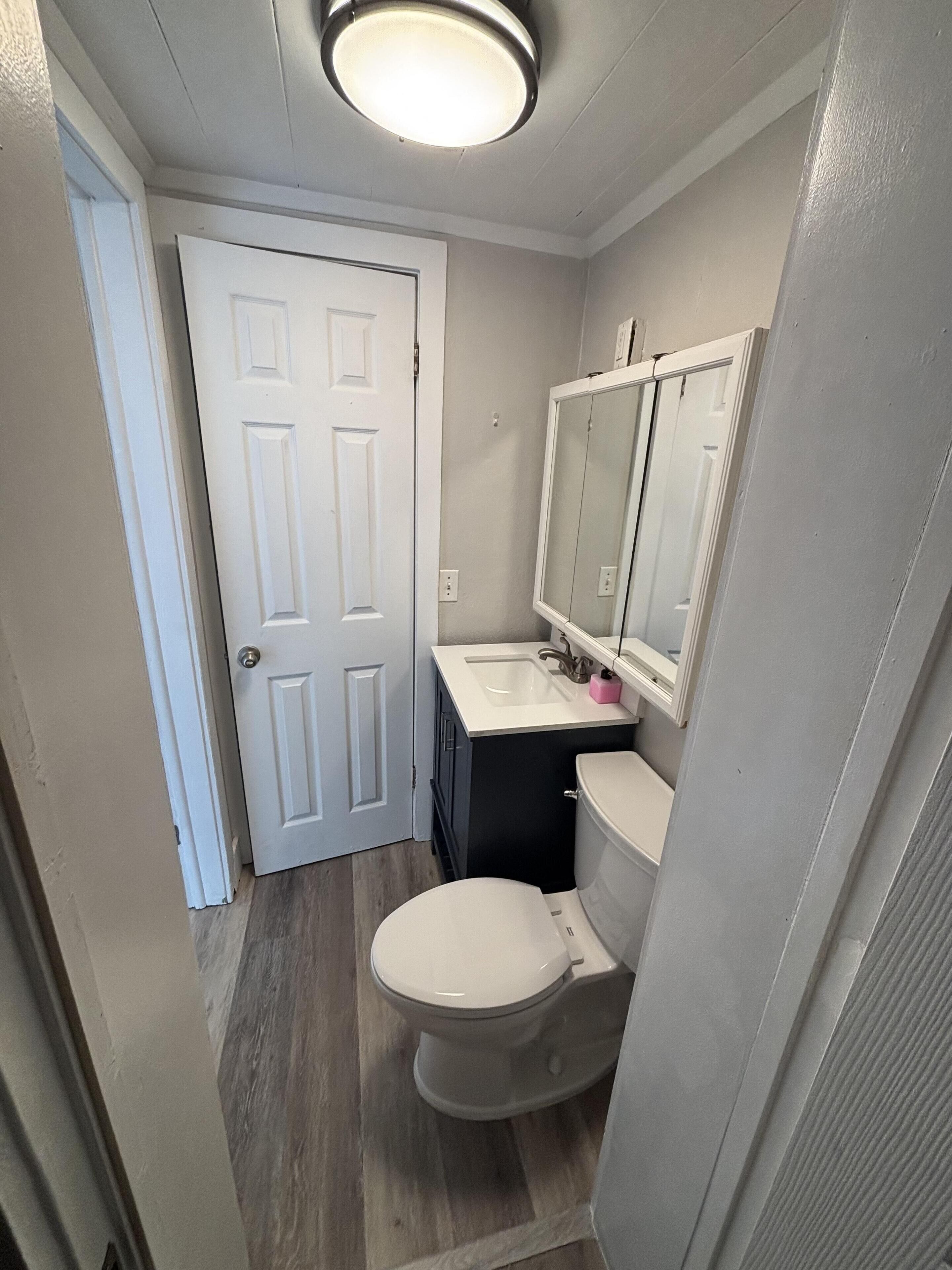 A bathroom with a white toilet, a sink, and a mirror above it.