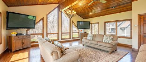 Televisión, chimenea, monitor de computadora