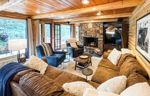 Télévision à écran plat, cheminée, lecteur de DVD