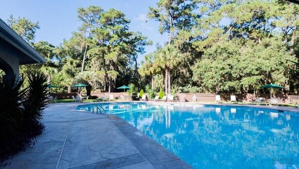 A swimming pool with lounge chairs and umbrellas, surrounded by trees.
