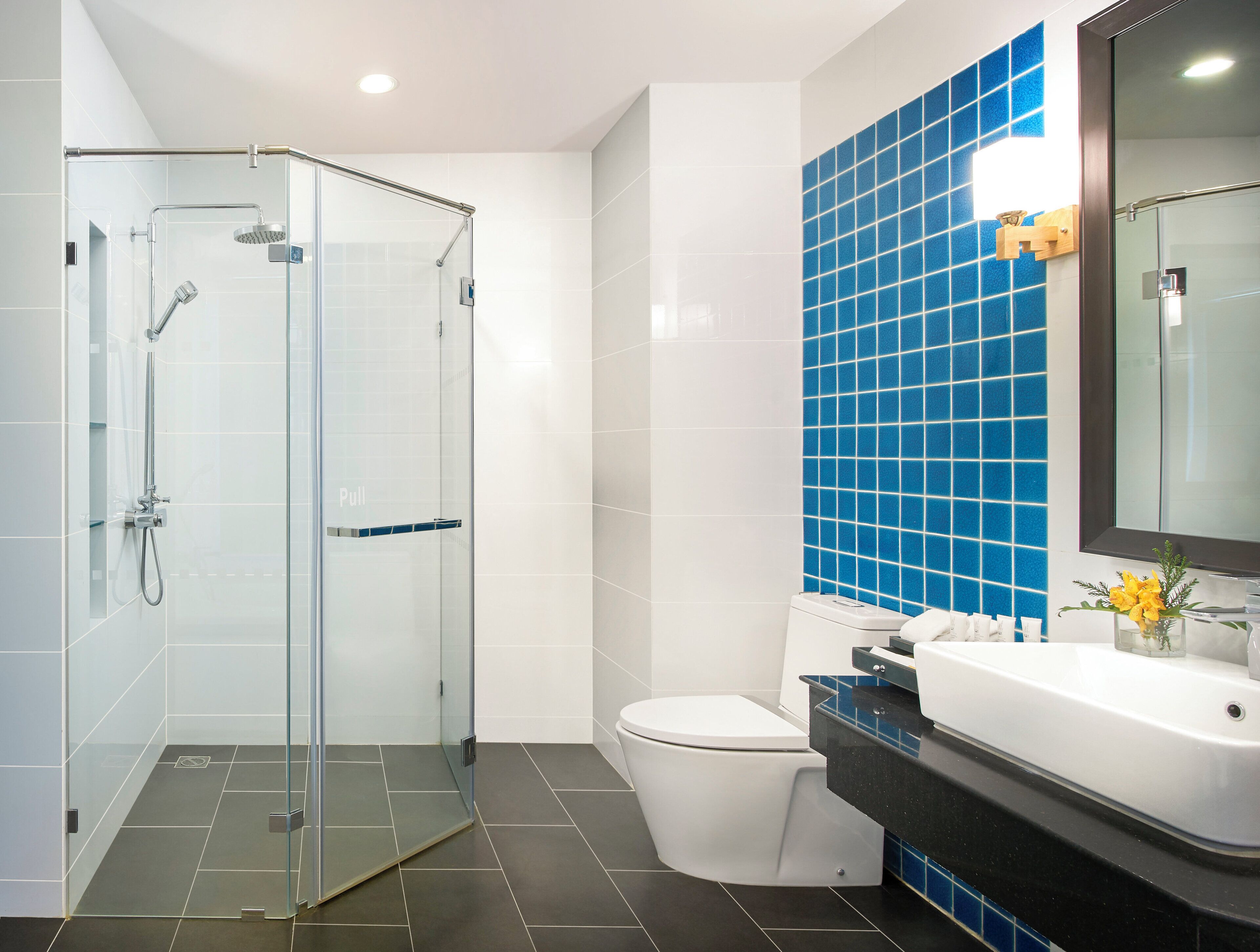 A modern bathroom with a glass-enclosed shower, a white toilet, and a sink with a blue-tiled backsplash.