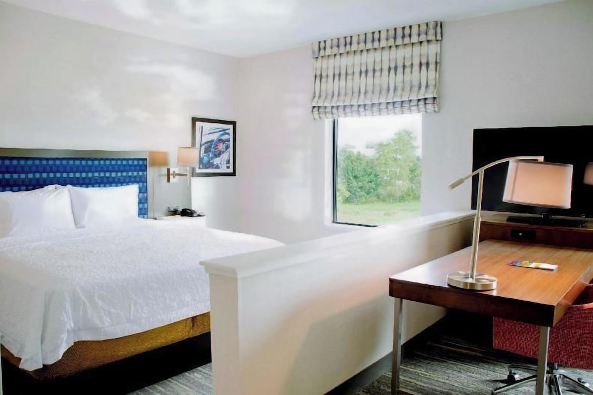 A hotel room with a bed, a desk, a television, and a window with a view of greenery.