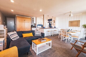Smart TV, fireplace, DVD player, foosball