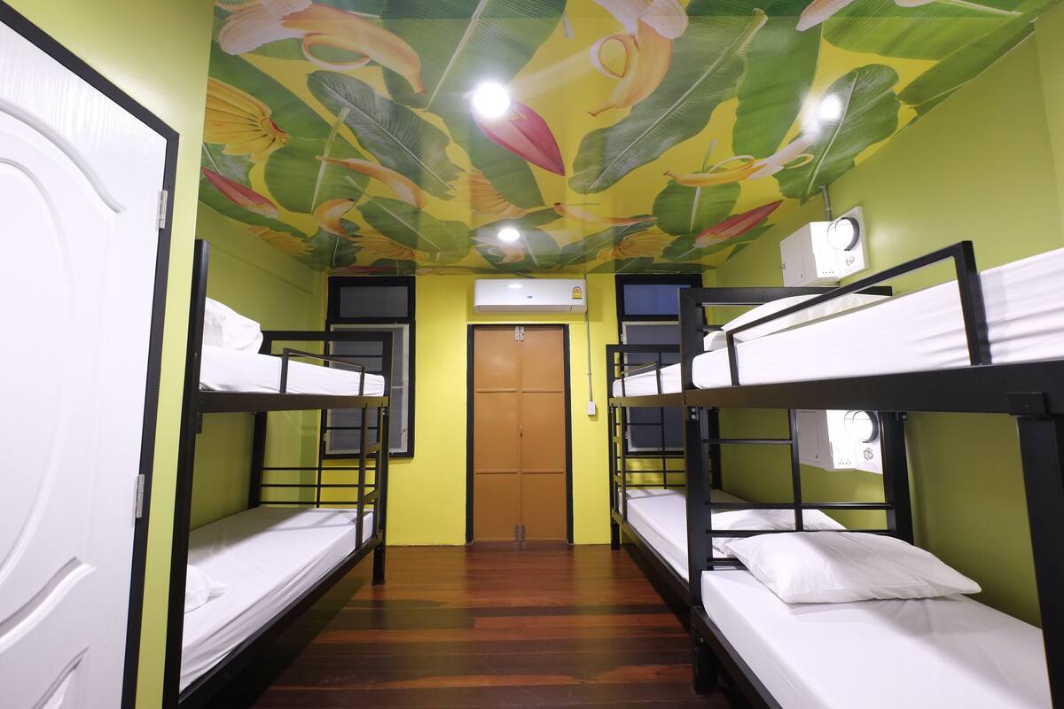 Une pièce avec des lits superposés, un plancher en bois, une porte et un plafond orné d’une fresque florale.