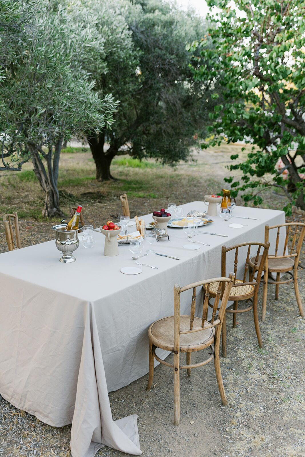 Una mesa colocada al aire libre con mantel blanco, rodeada de sillas de madera y una botella de vino.