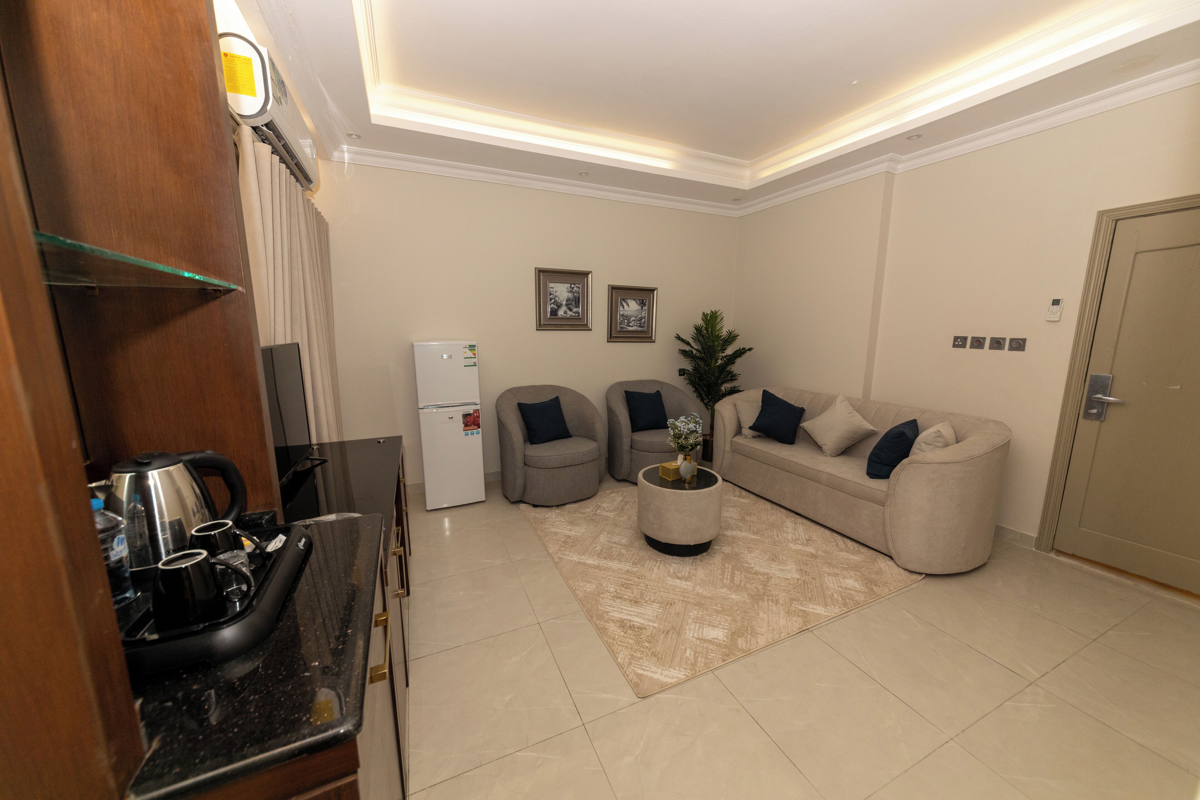 A compact living space with a kitchenette, a sofa, a coffee table, and a small plant.