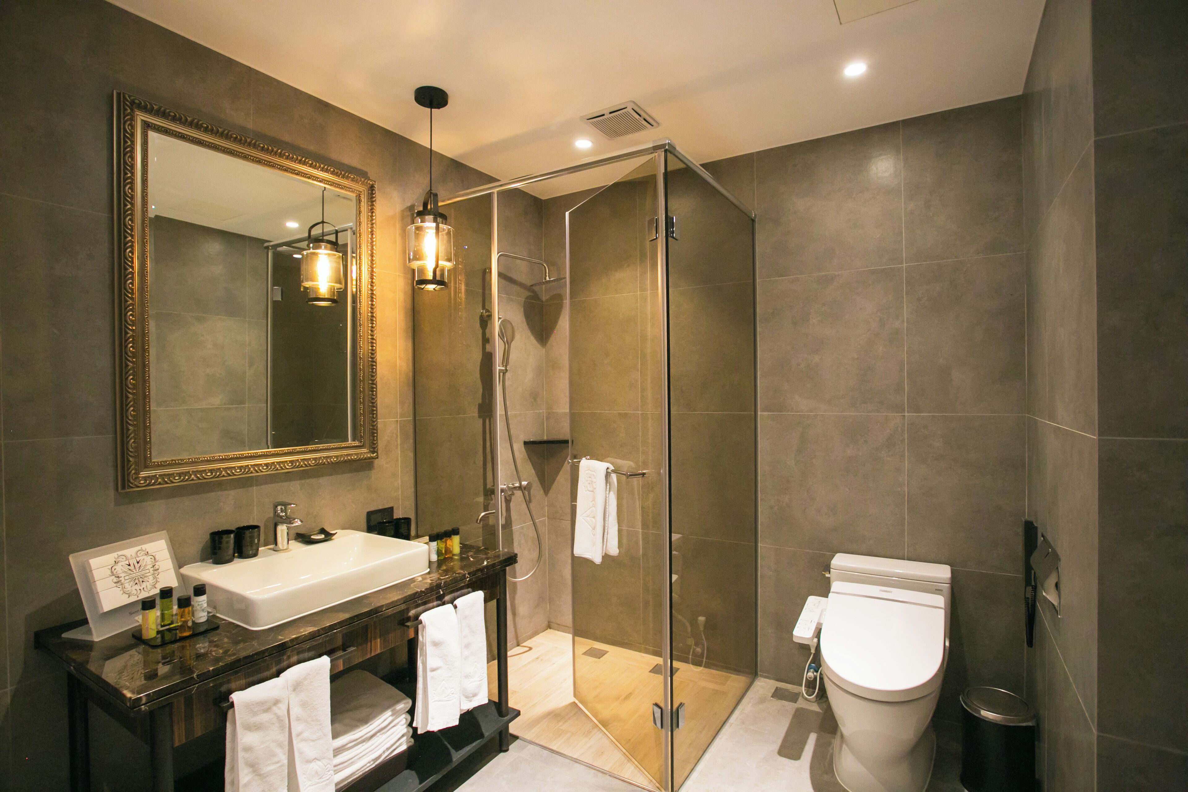 standard quadruple room | bathroom | separate bathtub and shower, hair dryer, slippers, towels