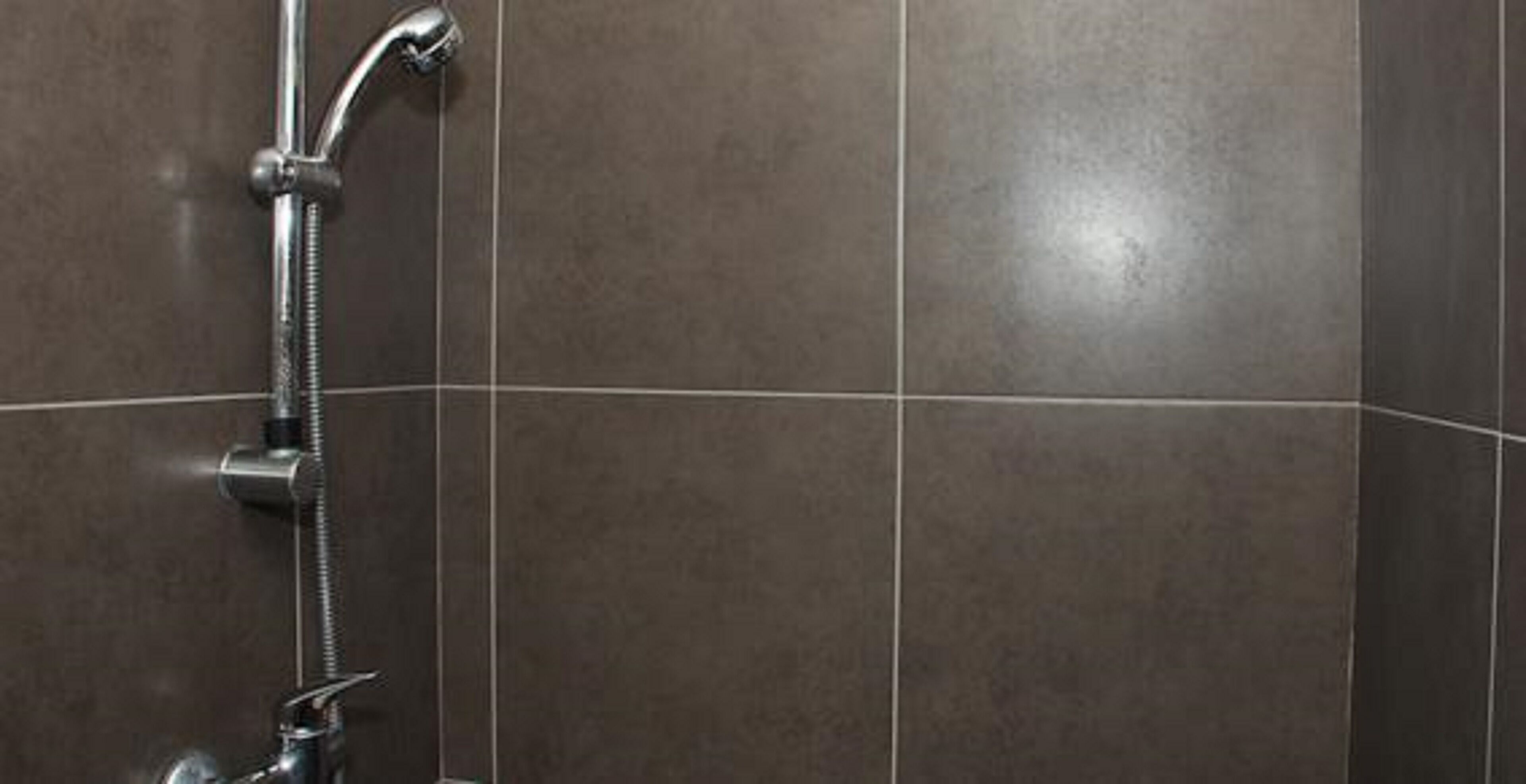 Een douche met een chroomdouchekop en bediening aan de muur.