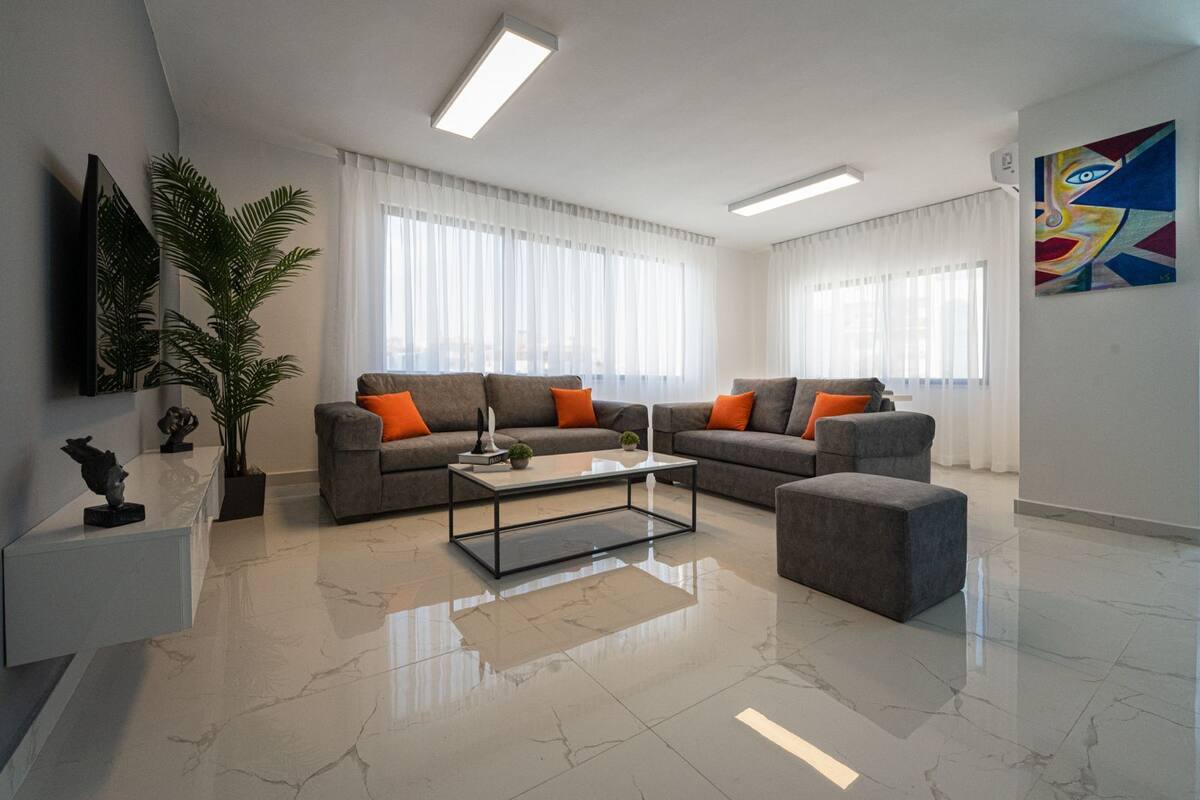 A modern living room with two grey sofas, a glass coffee table, and a grey ottoman. There are two large windows with white curtains, a flat-screen TV mounted on the wall, and a large abstract painting.