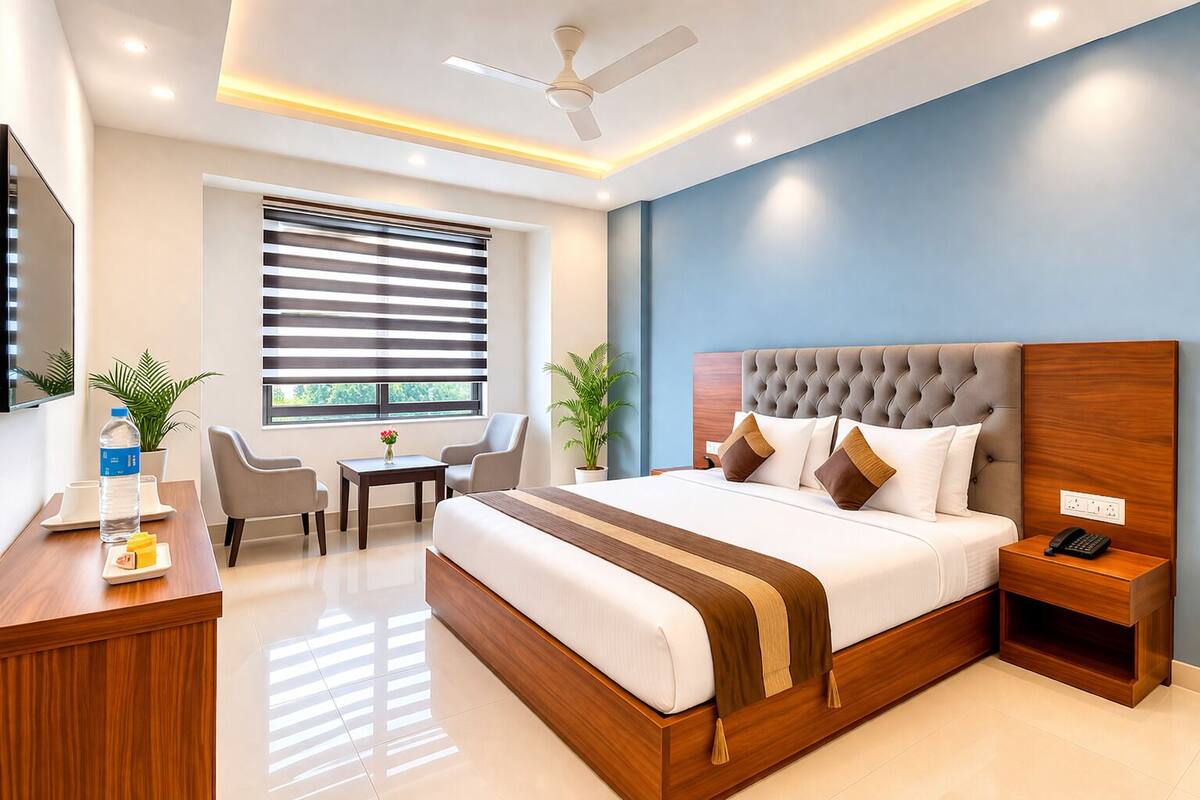 A modern hotel room with a large bed, a desk, a chair, and a window with blinds.