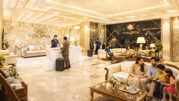 A luxurious hotel lobby with a reception desk, seating areas, and a VIVA OPCA sign. - OPO Viva Palace (New Delhi)