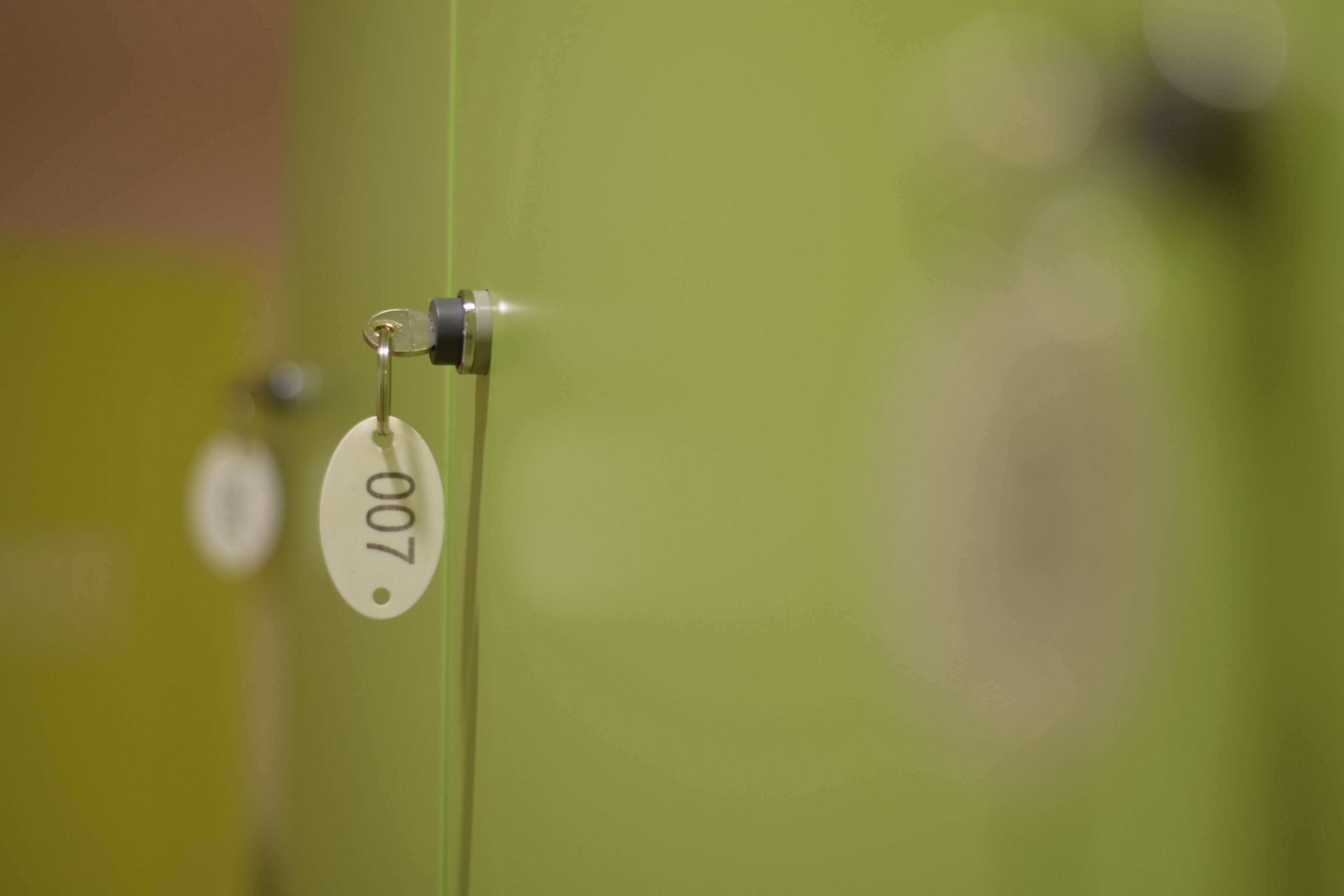 A close-up of a tag with the number 007 on a pin.