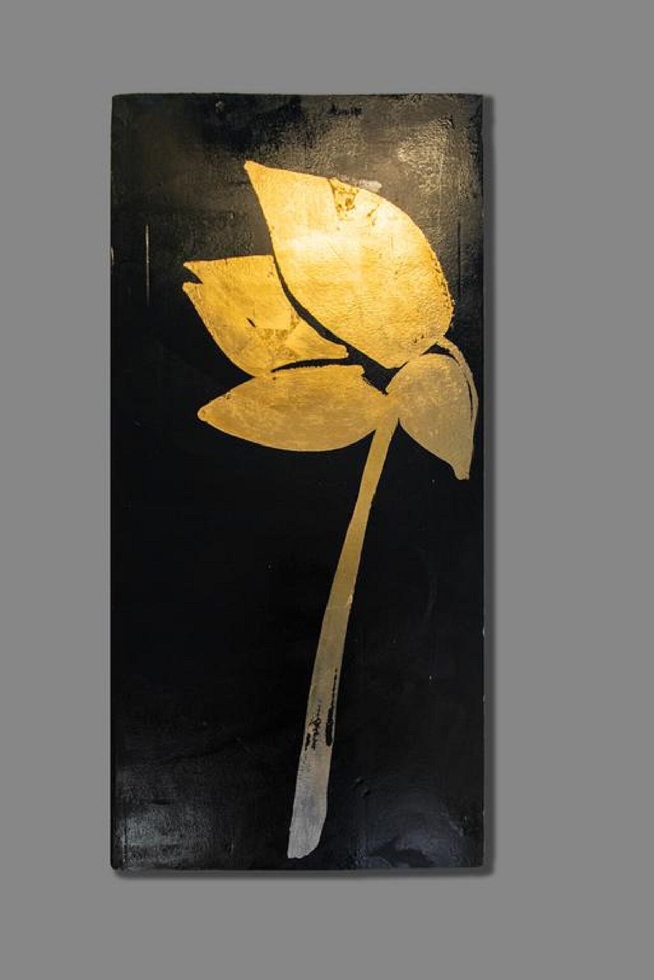 A painting of a flower with a long stem.