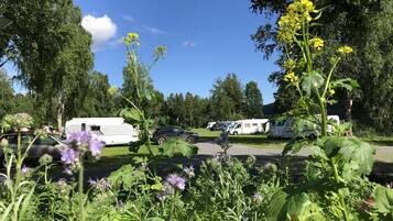 En campingplads med autocampere og biler parkeret på en græsplæne, omgivet af træer og grøn vegetation.