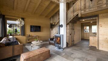 0-inch flat-screen TV with satellite channels, TV, heated floors