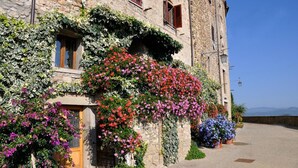 A stone building with ivy and colorful flowers, a wooden door, and a clear sky. - Hotel La Meridiana (Anghiari)