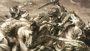 A detailed engraving of a mythological battle scene with armored figures and horses.