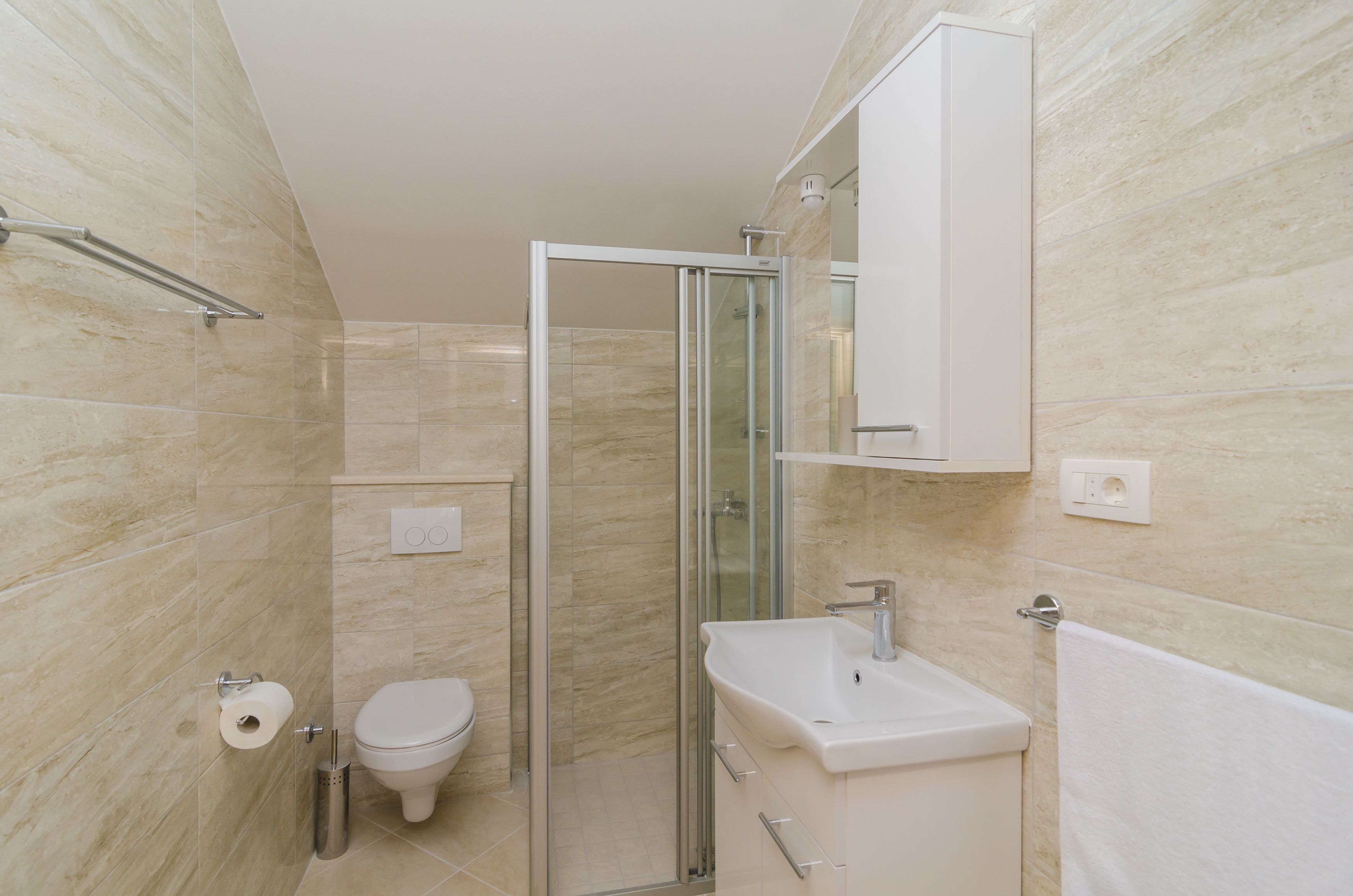 Une salle de bain moderne avec une douche à parois de verre, des toilettes et un lavabo.