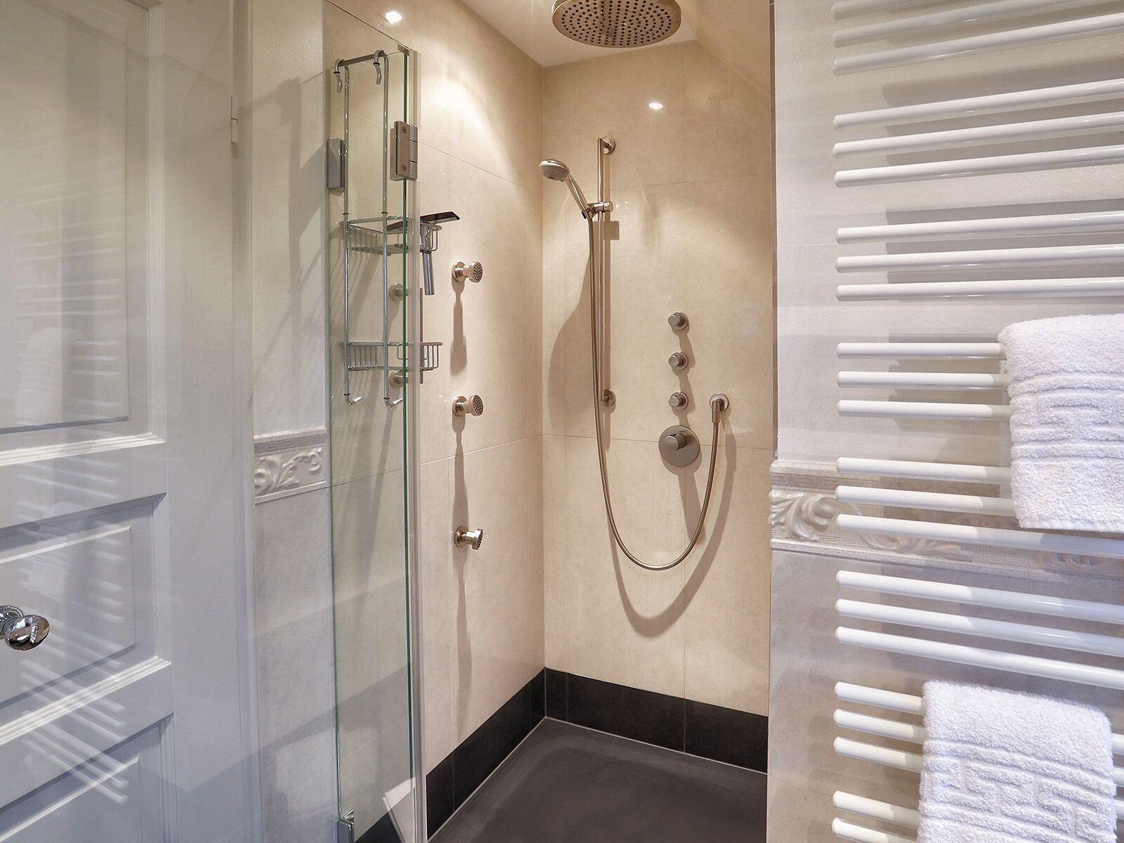 Un baño moderno con ducha de vidrio, toallero en la pared y barra de toallas con calefacción.