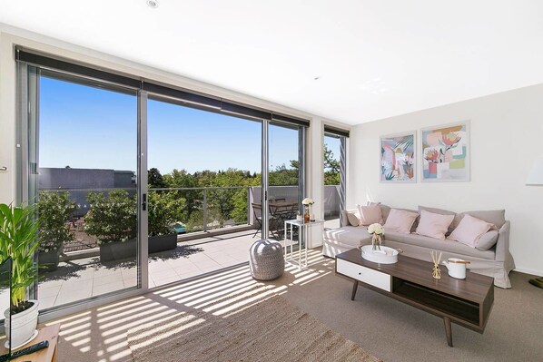 Executive Apartment, 3 Bedrooms, Kitchen, Vineyard View | Living area - City Central Designer Apartment with Parking (Braddon)